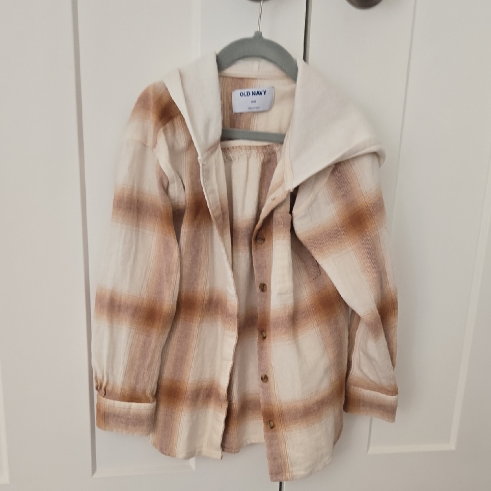 Old Navy Tan and Cream Plaid Hoodie Shirt KIDS